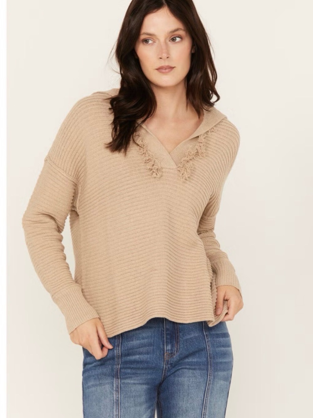 🤎 Cleo + Wolf Women’s Drop Shoulder Ribbed V-Neck Fringe Sweater Size S